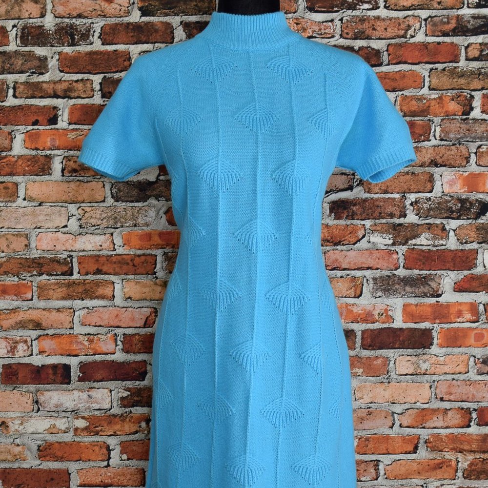 Vintage 60's Benny's Co Turquoise Blue Knit Geometric Textured Shift Dress - 38
